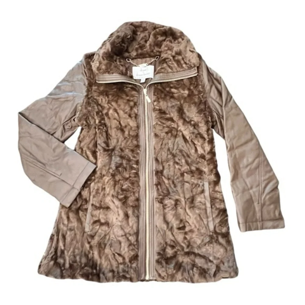 NWOT Dennis Basso Sterling Brown Faux Fur Jacket 2‎ in 1 Zip-Off Sleeve XS COZY